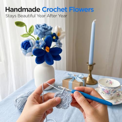 Crochet Flower Bouquet, Blue Handmade Knitted Flowers, Crochet Tulip Flowers with Card Gift for Lover Boyfriend Friends Valentines Day Anniversary Birthday Father's Day Graduation Wedding Home Decor - color: Blue Flowers