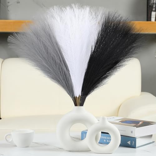 Ureymx Faux Pampas Grass Decor 17.7 Inch 30pcs, Artificial Pampas Grass Fluffy Home Decor, Short Vase Room Decor pompous Grass Flower Arrangement for Boho Home Wedding Decoration (Black,White,Grey) - color: Black,white,grey, size: 17 Inch 30 Pcs