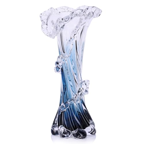Hand Blown Blue Glass Vase, Unique Art Beautiful Ocean Glass Vase for Coastal Home Decor, Coffee Table, Living Room, Office Decor - 11.8" H(Large) - size: Large