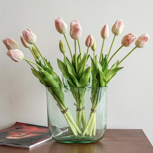 Artificial Tulips Flowers,Soft Touch Latex Bouquet, Fake Tulips,Spring Wedding Home Room Table Centerpiece Decor - color: 15pcs Powder Pink(no Vase)