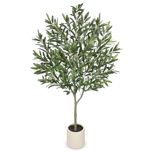 Hollyone Faux Olive Tree with Pot 4.2FT Small Fake Olive Tree Indoor 50.4inch with Natural Wood Trunk and Lifelike Fruits Potted Artificial Tree Plant Home Office Modern Housewarming Decoration Gift - color: Green - 4.2 Ft