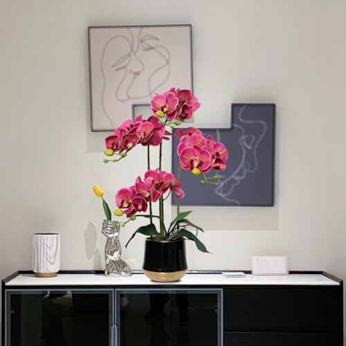 Artificial Orchid Flowers in Ceramic Vase Realistic Crimson Faux Orchids 19.5 Inch Fake Phalaenopsis Plant Arrangements for Home Indoor Centerpiece Decor (Set of 4 Stems) - color: Crimson, size: 14CM- BlackGolden