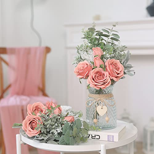 Faux Flowers with Vase,Artificial Silk Roses in Vase, Fake Plant Eucalyptus Flower Arrangement for Home Office Farmhouse Bathroom Dining Table Centerpiece Decorations Coffee Table Decor (Dusty Pink) - color: Dusty Pink