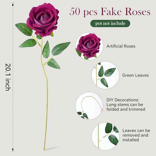 50 PCS Magenta Roses Artificial Flowers, Real Looking Fake Roses with Long Stems Silk Flowers for DIY Wedding Bouquet Party Celebration Home Bridal Baby Shower Decoration Birthday Gift for Her Wife - color: Magenta