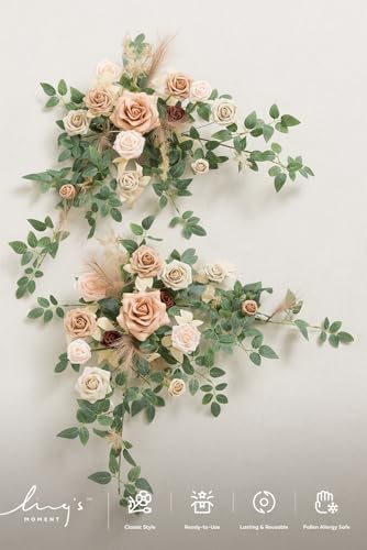 Ling's moment 2PCS Beige Artificial Flower Garland Wedding Arch Flowers Ivory Floral Swags Table Centerpieces Greenery Arrangements for Sweetheart Table Easel Wall Entryway Board Backdrop - color: Brn-beige