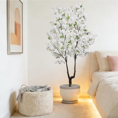 BINCUE Artificial White Cherry Blossom Tree Fake Tree Cherry Blossom Decor Fake Flowers Faux Flowering Tree White Flowers Floral Artificial Plants for Indoors Outdoors Room Home Office Gift 6FT - color: White-09ap