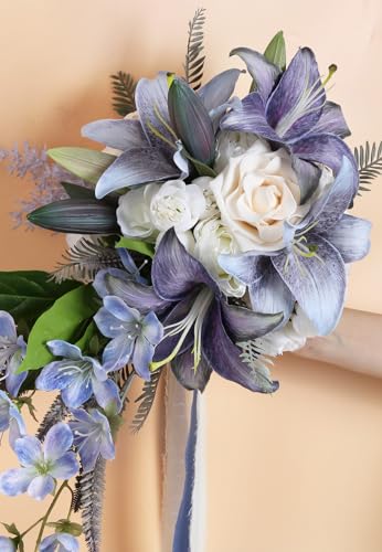 Bridal Bouquet,12 Inch Cascading Wedding Bouquets Bride Bouquets for Wedding Ceremony and Anniversary(Blue) - color: Blue