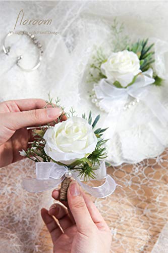 Floroom Ivory Rose Wrist Corsage Wristlet Band Bracelet and Men Boutonniere Set for White Wedding Flower Accessories Prom Suit Decorations - color: 1 Boutonniere & 1 Wrist Corsage