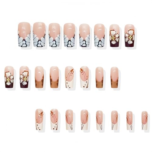 24Pcs Fall Press on Nails Medium Square Fake Nails with 3D Flowers Gold Beads False Nails Autumn Winter Flower Full Cover Glue on Nail Brown Flower Artificial Stick on Nails for Women Manicure
