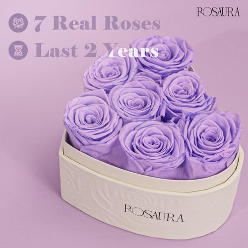 Rosaura Heart-Shaped Preserved Roses Gift Box - Real Forever Flowers for Christmas, Birthday, Valentine's & Mother's Day (Light Purple, 7 roses) - color: Light Purple, size: 7 roses