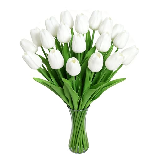 White Artificial Tulips Real Touch Fake Flowers, 20 Pcs PU Faux Tulips 13.5", Realistic Tulip Bouquet for Wedding Centerpiece Spring Home Kitchen Dining Table Vase Decoration Easter Floral - color: White