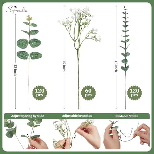 Serwalin 300 Pcs Mixed Artificial Eucalyptus Stems，Babys Breath Artificial Flowers Bulk with Artificial Fake Greenery Stems for Wedding DIY Bouquets Floral Arrangement Home Decor - size: 300pcs