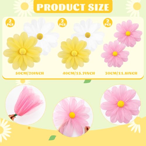 6 Pcs Colorful Large Daisy Flowers for Decoration 12'' 15.8'' 20'' Giant Silk Artificial Flower Fake Daisy for Wedding Garden Birthday Party Bridal Baby Shower Decor, Rod is Not Included - color: White, Yellow, Pink