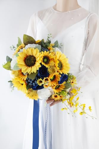 12 Inch Cascade Wedding Bouquets for Bride, Royal Blue & Yellow Sunflower Cascading Bridal Bouquet for Wedding Silk Artificial Flowers - color: Royal Blue & Yellow