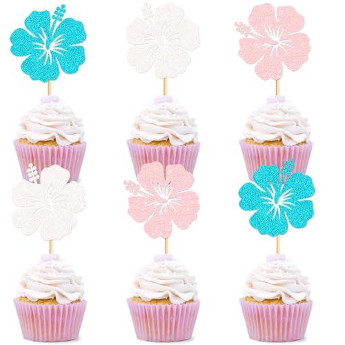 24Pcs Hawaii Flower Cupcake Toppers Pink White Blue Hibiscus Flowers Cupcake Picks for Hawaii Flowers Baby Shower Girls Birthday Bridal Shower Wedding Summer Holiday Party Decorations - color: Hibiscus