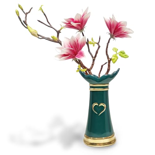 LoveLin Artificial Flowers Pink with Ceramic Vase - Ready-to-Display Home Decor Indoor for Living Room, Dining Table, Office, Wedding & Housewarming, Magnolia Flower & Green Vase - color: Pink/Green