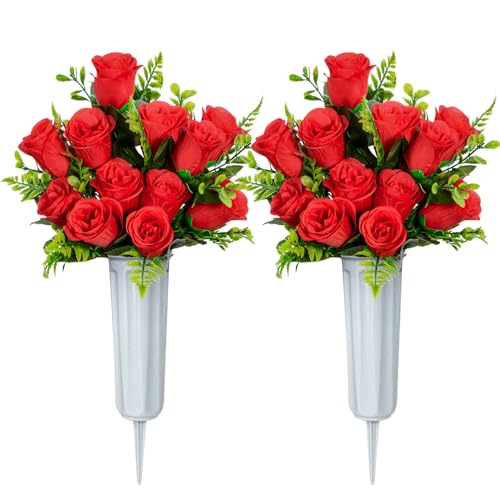 XONOR Artificial Cemetery Flowers, Set of 2 Artificial Rose Bouquet Grave Memorial Flowers with Vase for Cemetery Headstones Decoration (Red) - color: Red