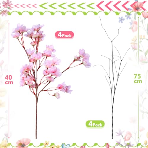 8 Pcs Artificial Cherry Blossom Branches Decor 15.7 Inch Artificial Cherry Flowers 4 Lifelike Curly Willow Branches for Home Indoor Decoration Vase DIY Wedding Table Centerpiece Decors Pink