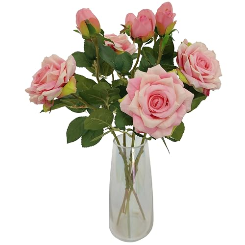 ATFL Fake Pink Roses Flowers, 6 Pcs Faux Silk Real Touch Moisturizing Artificial Pink Rose Flowers for Decoration DIY, Wedding Party, Home Office Decoration and Dining Table Centerpiece (6, Pink) - color: Pink