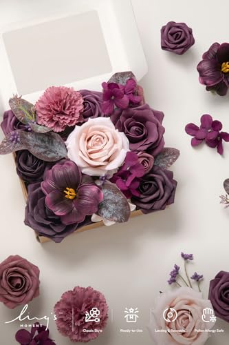 Ling's moment Fake Flowers Box, Faux Artificial Greenery Stems Foam Roses Gardenias Silk Hydrangea Ranunculus Fabic Flower for Centerpieces Bouquet Wedding Vase, Plum & Plum Lily, Deluxe Combo - color: Plum & Plum Lily