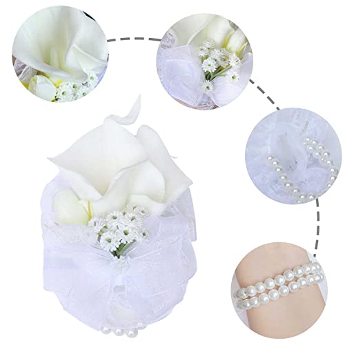 White Wrist Corsage and Men Boutonniere Set Artificial Calla Lily Bridesmaid Wrist Corsage Groomsmen Boutonniere for Wedding Ceremony Anniversary Party Prom (White Wrist Corsage, 1) - color: White Wrist Corsage