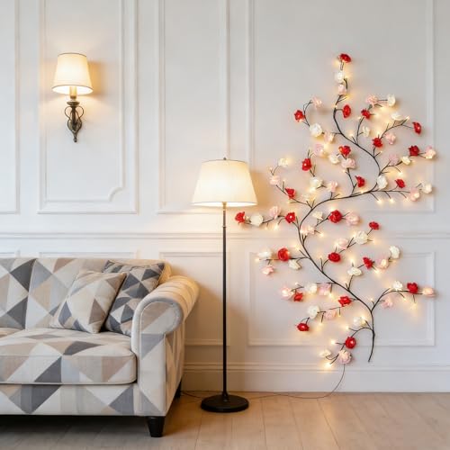 Rose LED Tree Branch Lights for Wall,Rose Blossom Vine Lights Decor with 48 LED Flower String Lights and USB Powered, 8 Lighting Modes for Indoor Window Wedding Valentine's Day Decor (47 in) - size: 47in, style: Rose