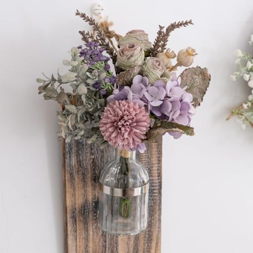 13-inch Small Artificial Fake Flowers for Table Arrangements, Silk Faux Bouquets with Three Roasted Edge Roses, Hydrangeas, Globeflower, babysbreaths, Ideal for the Kitchen or Bedroom. - color: Lavender
