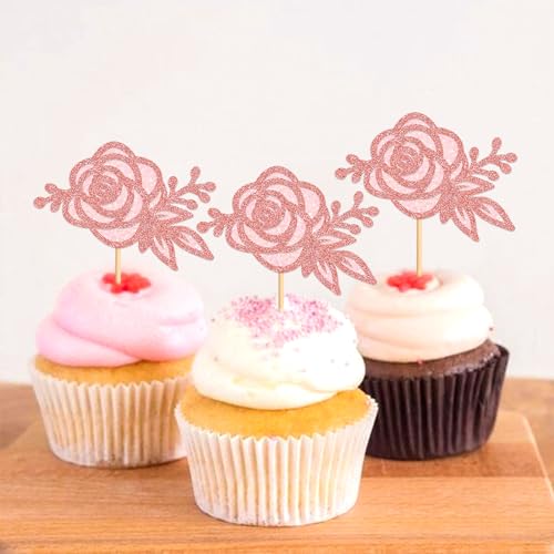 24Pcs Glitter Pink Rose Flower Cupcake Topper Double Layers Roses Flowers Cupcake Picks for Floral Bridal Shower Wedding Anniversary Mother's Day Valentine's Day Floral Birthday Cupcake Decoration - color: Pink Rose