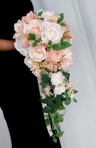 9.8 Inch Cascading Bridal Bouquet Waterfall Cascade Wedding Bouquet Bride with Artificial Rose Flower Rustic Boho Wedding Ceremony Bouquet Light Peach Pink and Champagne - color: Light Peach & Champagne