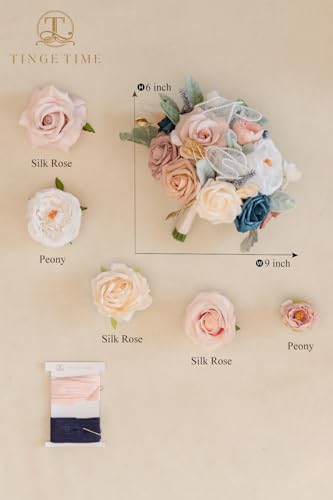 TINGE TIME 9 Inch Artificial Bridal Bouquet, Cascading Wedding Bouquet for Wedding Ceremony and Anniversary (Dusty Rose & Navy Blue) - color: Dusty Rose & Navy Blue