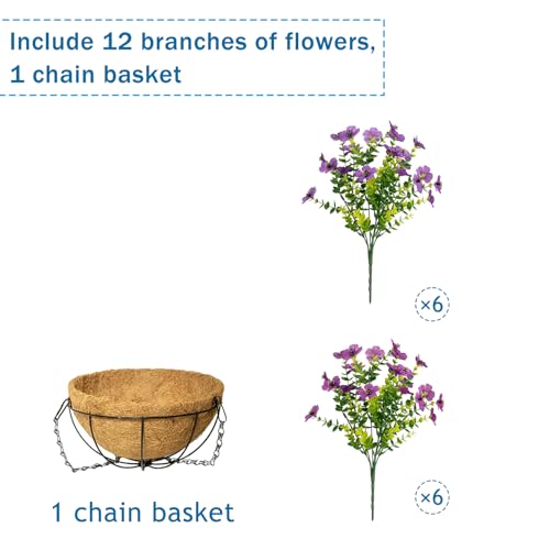 Artificial Hanging Flowers for Outdoors with Basket,UV Resistant Realistic Faux Hanging Plants Outdoor Artificial Flowers for Outdoors Basket for Yard Porch Patio Garden Home Decor,12 Bundles Mix - color: Purple+fuchsia