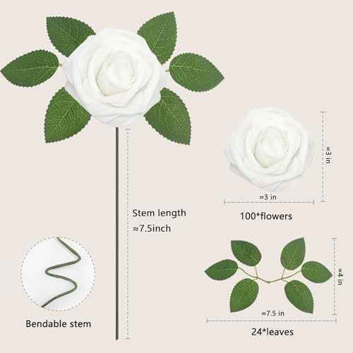 Artificial Flowers White Roses 100PCS Real Looking Foam Fake Roses with Leaves and for DIY Wedding Bouquets Bridal Shower Centerpieces Party Decorations (White, 100) - color: White, size: 100