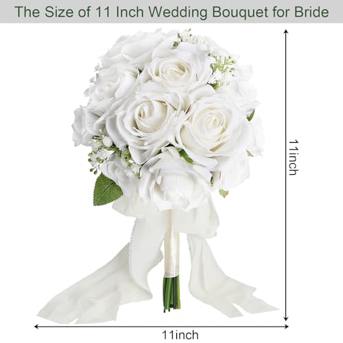 Wedding Bouquet for Bride - Premade Simple Artificial Roses Flowers for Bridal Shower Destination Ceremony Anniversary Decorations - White - color: White
