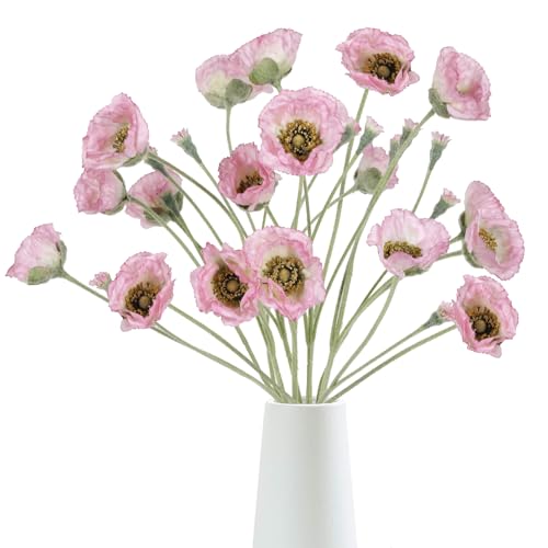 6PCS Pink Poppy Flowers Artificial 26.77in 30 Heads Faux Poppy Flowers Silk Flowers with Long Flocking Stems for Wedding Party Home Office Decoration(Pink) - color: Pink