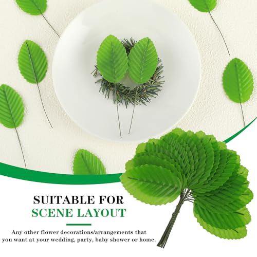 200 Pcs Green Silk Artificial Leaves - Fake, Faux Wired Single Leaf - Wire Crafts Leaves - Plastic - For DIY Bouquet, Wreaths, Wedding, Christmas - color: Green