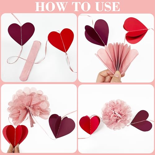Dusty Rose Pink Party Decoration Tissue Flowers Pom Pom with Burgundy Red 3D Heart Hanging Paper Garland Banner Streamer for Valentines Day Birthday Baby Shower Wedding Bridal Shower Party Supplies - color: Burgundy Red Heart