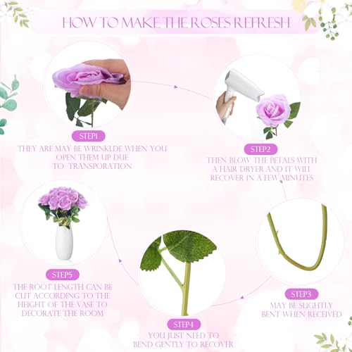 Jexine 50 Pcs Artificial Rose Flower Bulk Realistic Silk Fake Roses with Long Stem Plastic Artificial Flower Bouquet Real Looking for Home Wedding Centerpieces Party Decoration(Light Purple) - color: Light Purple
