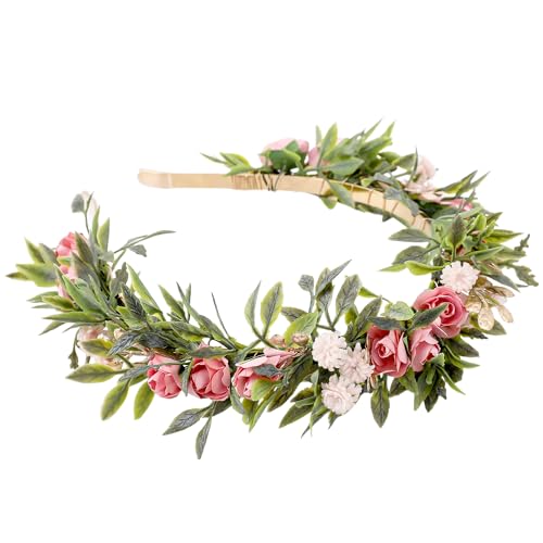 Fairy Pink Flower Crown, Artificial Boho Rose Floral Headpiece, Adjustable Forest Woodland Flower Headbands for Women Girls Maternity Wedding Renaissance Festival Party Hair Accessory - color: Pink