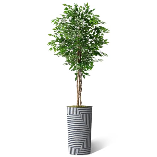Artificial Tree in Modern Geometric Pattern Planter, Fake Ficus Silk Tree for Indoor and Outdoor Home Decoration - 75" Overall Tall (Plant Pot Plus Tree) - style: Ficus Tree