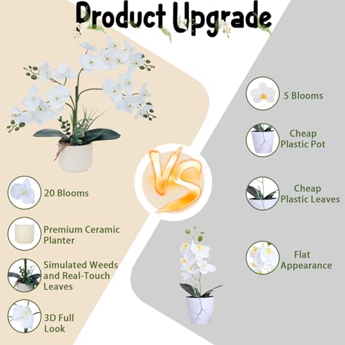 ucky White 15.7" 3D Lifelike Artificial Orchid Plant with 20 Heads, Realistic Faux Phalaenopsis in Ceramic Pot for Home Decor, Elegant Fake Flower Arrangement Table Centerpiece - color: White