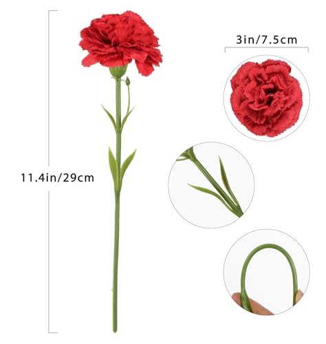 IPOPU Red Carnation Flowers Artificial 10PCS Fake Carnations Silk Flowers with Stems 11.4" Artificial Red Flowers for Bridal Shower Decorations Wedding Centerpieces for Tables Home Party - color: Red