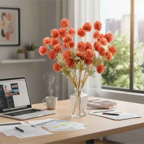 Mandy's 6 Stems Silk Burnt Orange Kiku Ball Flowers | Artificial Chrysanthemum Stems for Home Summer Décor Realistic Faux Floral Arrangement Minimalist Elegant Style - color: Burnt Orange
