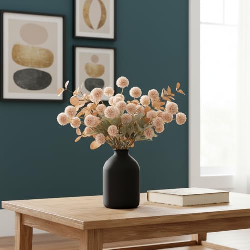 Artificial Flowers for Vase - Beige Silk Mums 10 Long Stems with Eucalyptus, Faux Flowers Home Decor, Neutral Tan Cream Floral Arrangement, Fake Chrysanthemum Pom Pom Stems, Summer Fall Centerpiece - color: Beige