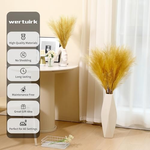 Wertuirk 9 Stems Gold Pampas Grass - 38 Inch Tall Faux Pompous Grass Decor, Large Artificial Pompas Floral for Wedding Flower Arrangement,Great Gatsby Party Decorationsa and Home Decor (Gold) - color: Gold