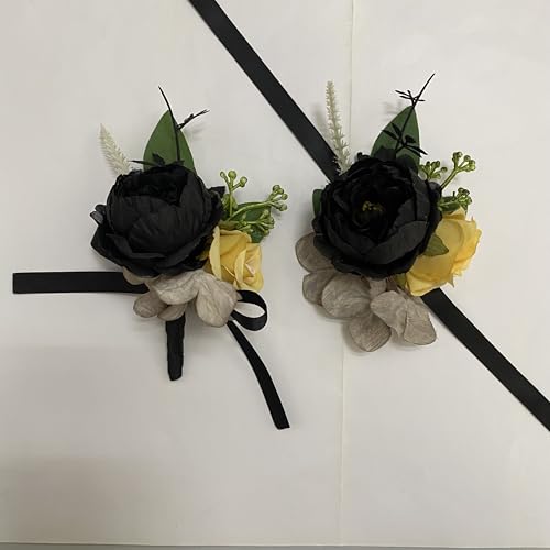 Corsage and Boutonniere Set, Handmade Artificial Peony Rose Wrist Corsage Wristlet and Groom Boutonniere for Men Wedding Prom Suit Decorations (Black and Yellow) - color: Black and Yellow