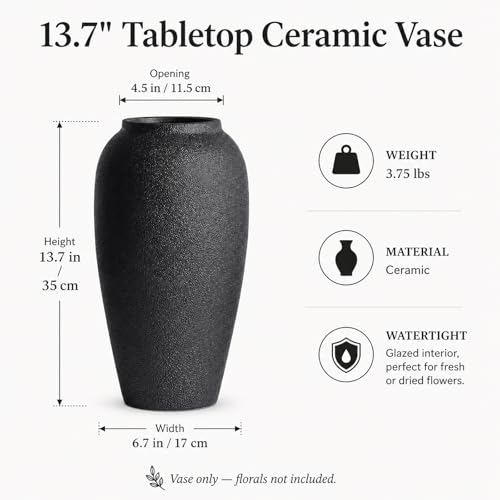 Rustic Ceramic Vase – 13.8" Large Black Ceramic Vase for Home Decor, Modern Terracotta Floor Vase for Living Room, Entryway, Kitchen, Black Vases for Centerpieces, Housewarming Gifts - color: Black, size: 13.8in