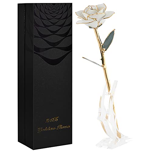 SW 24k Gold Dipped Real Rose Lasted Forever with Stand, White Gold Rose Gifts for Women Wife for Her, Christmas, Valentines Day, Mothers Day, Birthday - color: White
