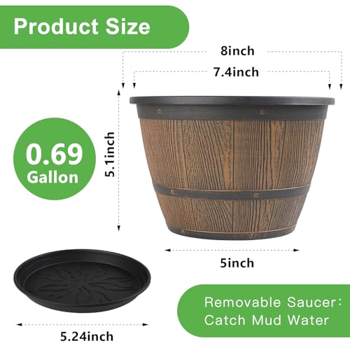 8-inch-Plant-Pots-Indoor-Outdoor, 4 Pack Whiskey Barrel Planters with Drainage Holes & Saucer, Plastic Flower Pots Imitation Wine Barrel Design, Decorative Garden Pots for Plants - color: Whiskey, size: 8-inch