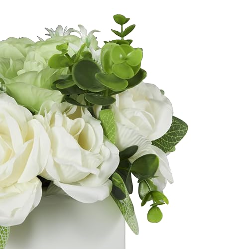 Deco 79 Fabric Artificial Flower with Green Leaves and Square Ceramic Vase, 9" x 9" x 10", White - color: White, size: 9" x 9" x 10"