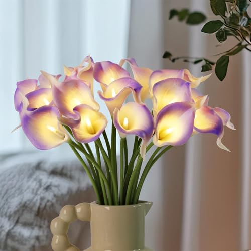 20pcs Lighted Artificial Calla Lily Bouquet Faux Floarl Night Light Real Touch Flower Night Light LED Calla Lily lighted Artificial Flower for Holiday Gifts Home Kitchen Decor(Light Purple, No Vase) - color: Light Purple